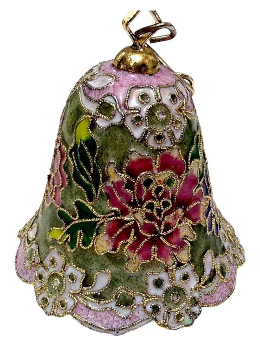 Cloisonne Christmas Ornament Bell Enamel Floral Pink Goldtone 2.25" Vintage